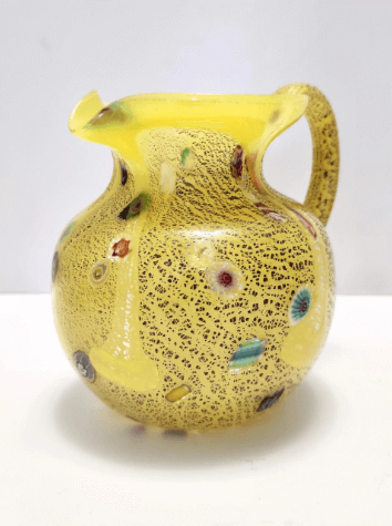 Yellow glass pitcher with murrine and silver specks, 1980s 4