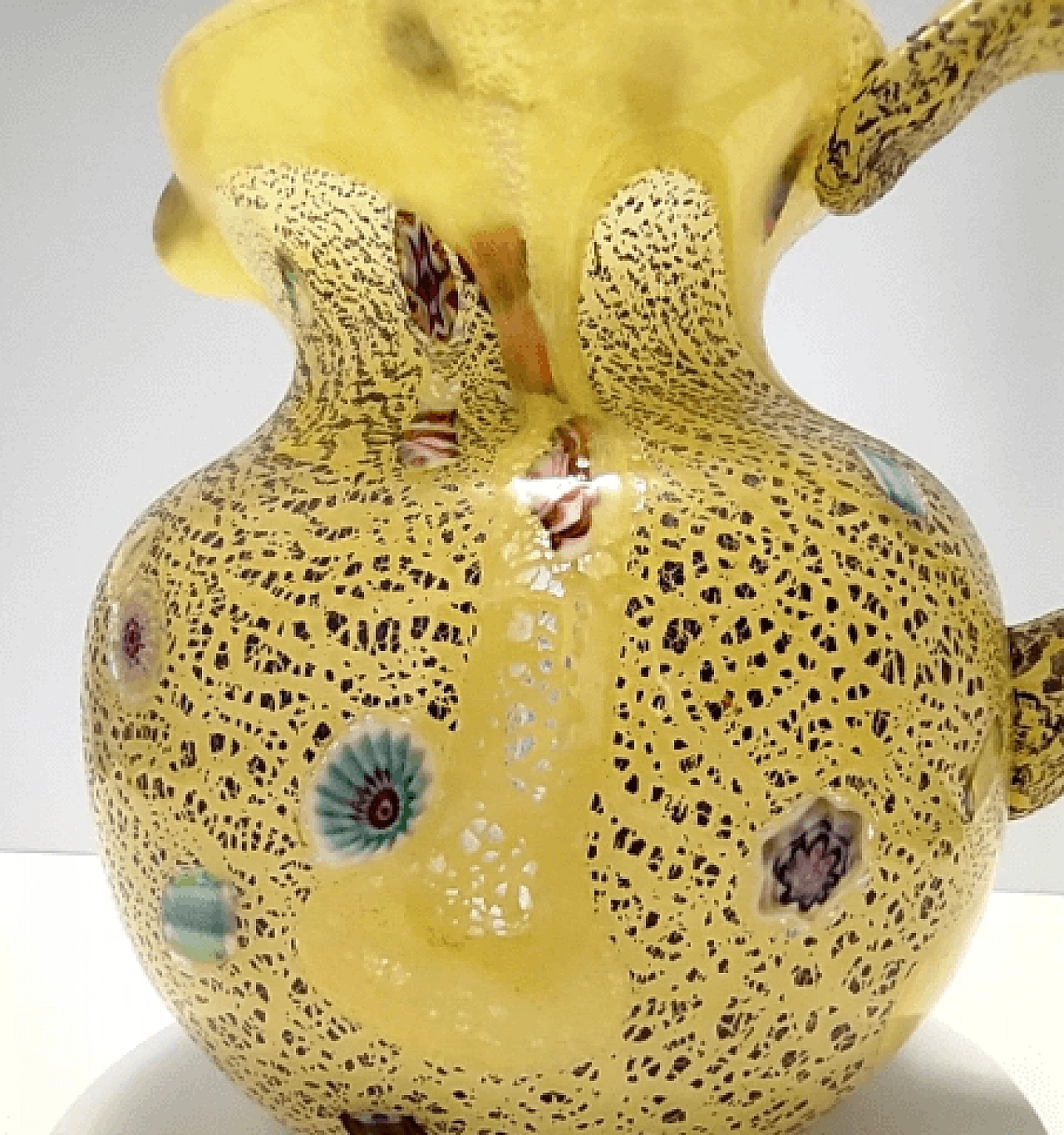 Yellow glass pitcher with murrine and silver specks, 1980s 6