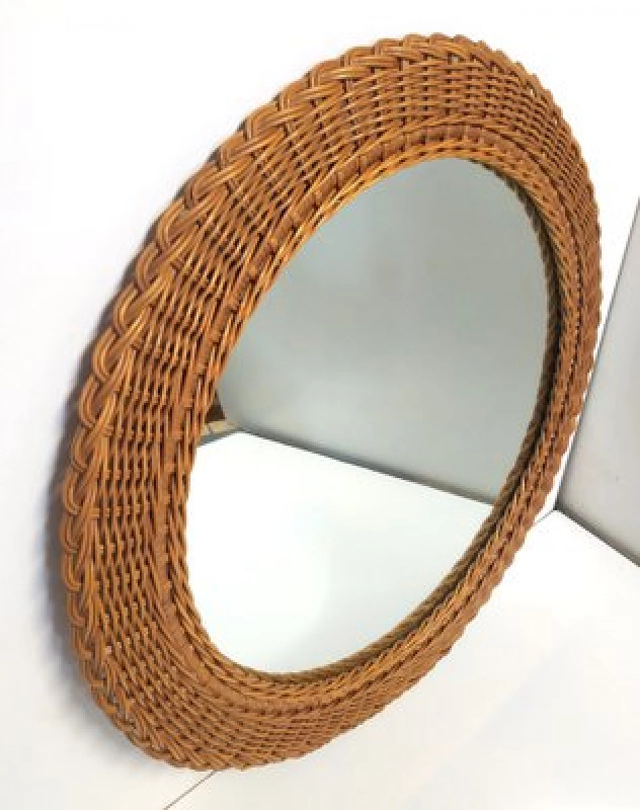 Round wicker wall mirror attributed to Franco Albini, 1950s 3