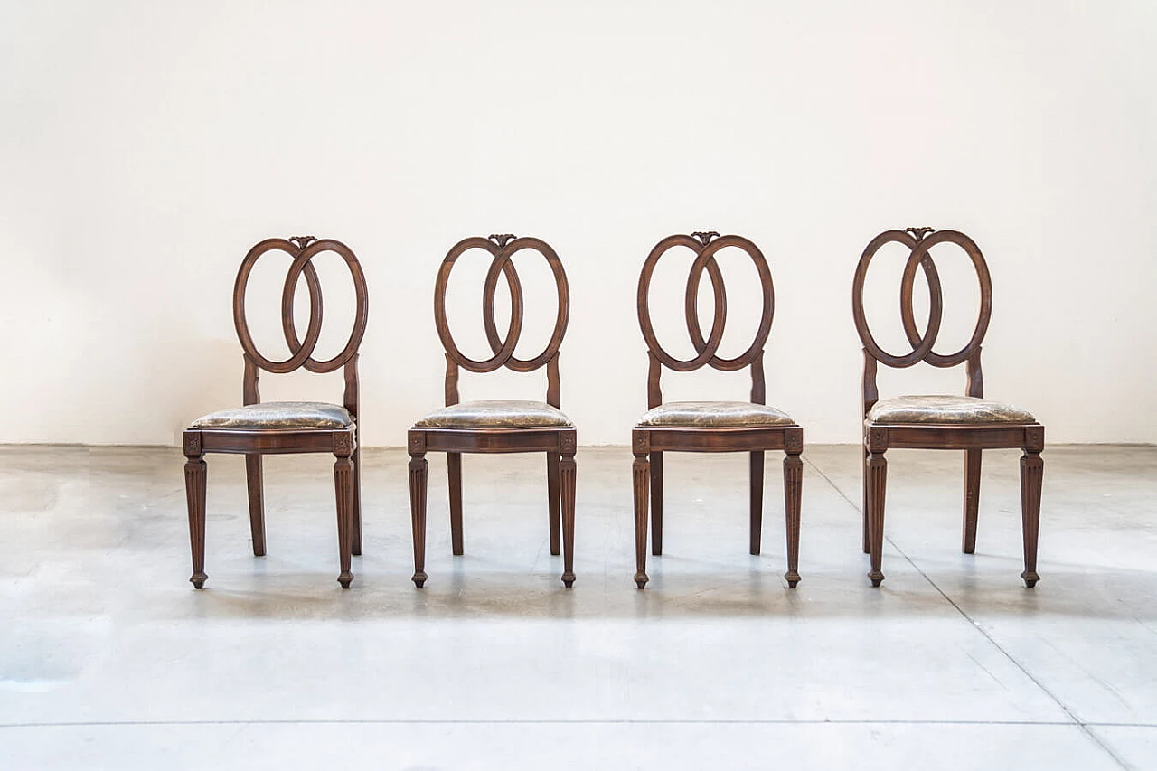 4 Hand-carved walnut chairs with leatherette seat, 1970s 1