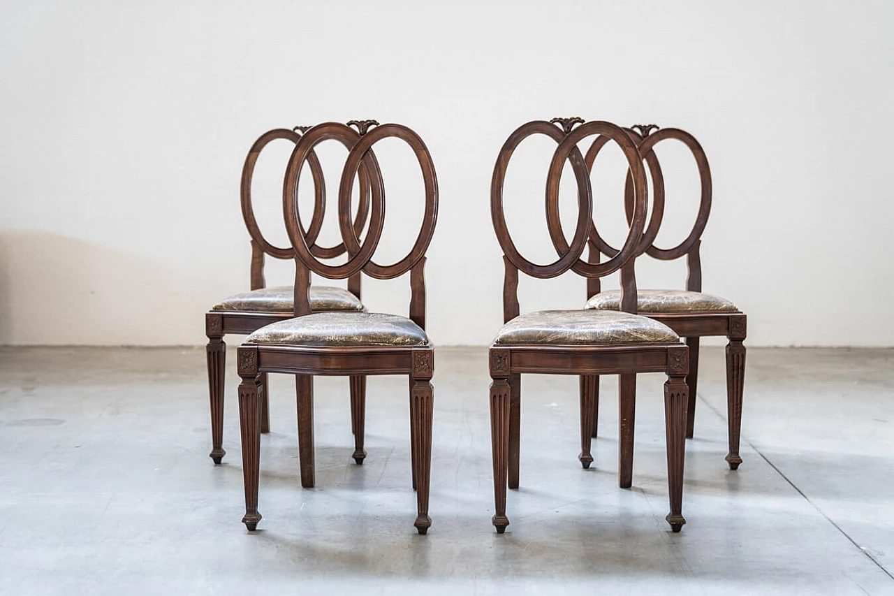 4 Hand-carved walnut chairs with leatherette seat, 1970s 11
