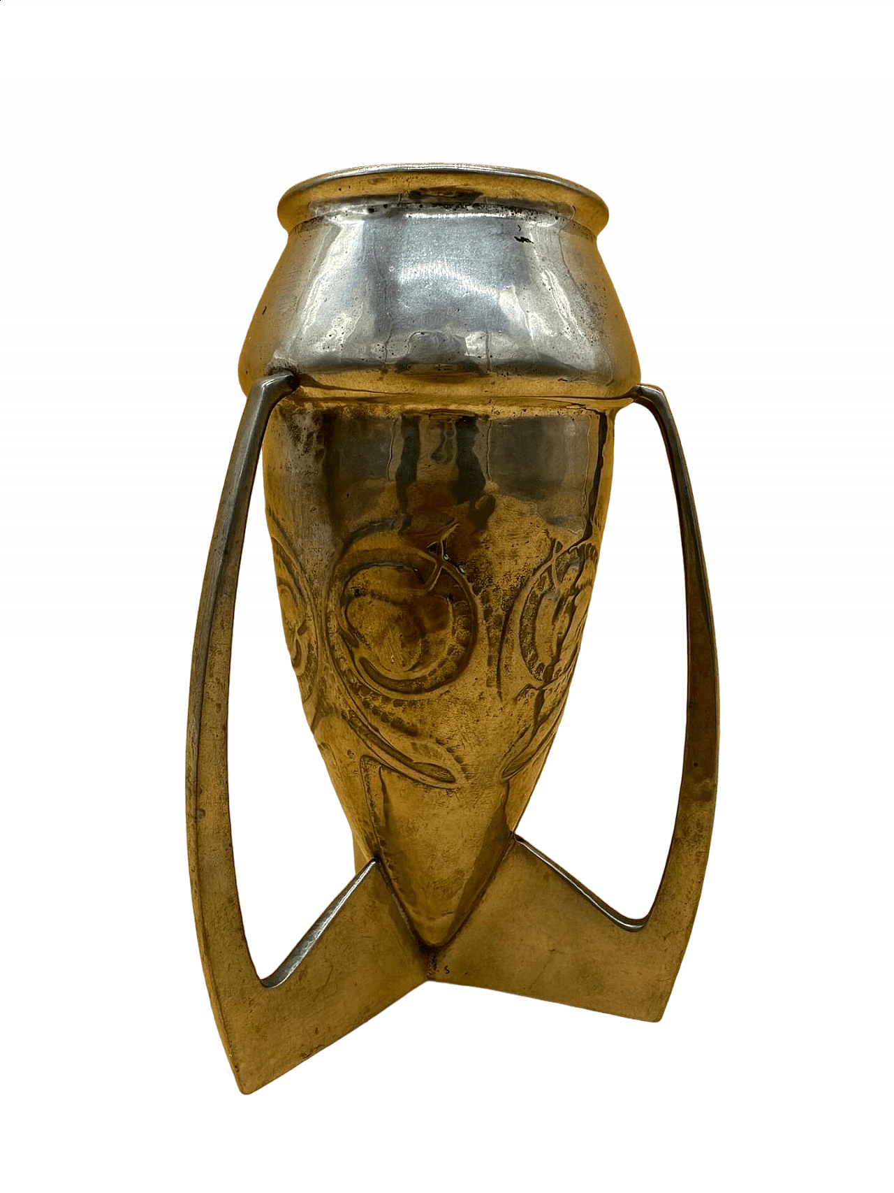 Vaso in metallo argentato a tre anse con foglie stilizzate 5