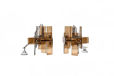 Coppia di lampade a sospensione in ferro e vetro arancione, anni '70