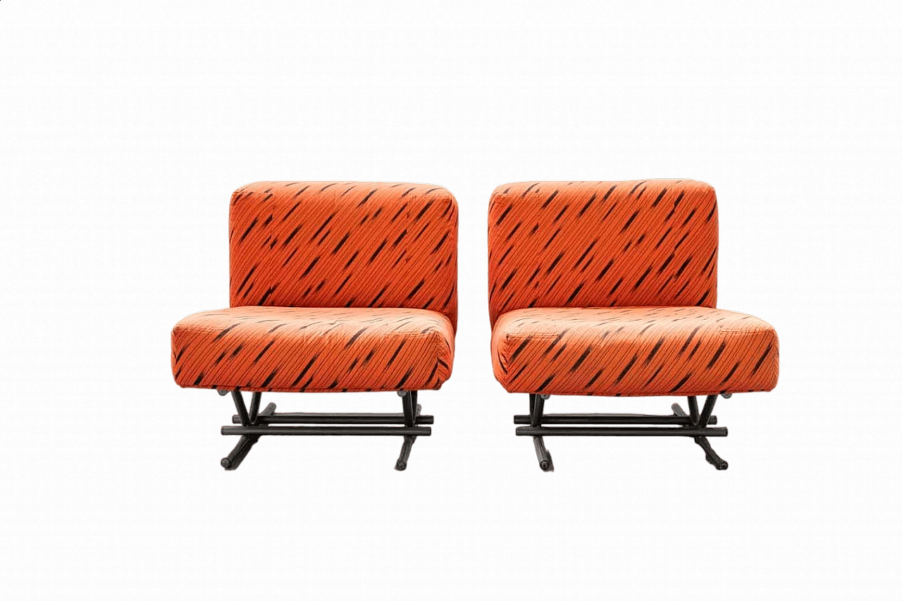 Pair of metal and red and black fabric armchairs, 1970s 20
