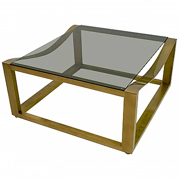 Solid brass coffee table with smoked glass top by Luciano Frigerio, 1970s