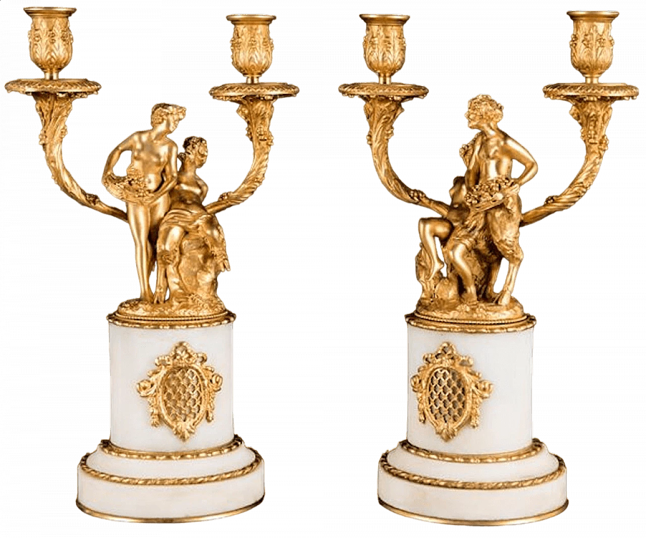 Coppia di candelabri in bronzo dorato e marmo bianco, '800 11
