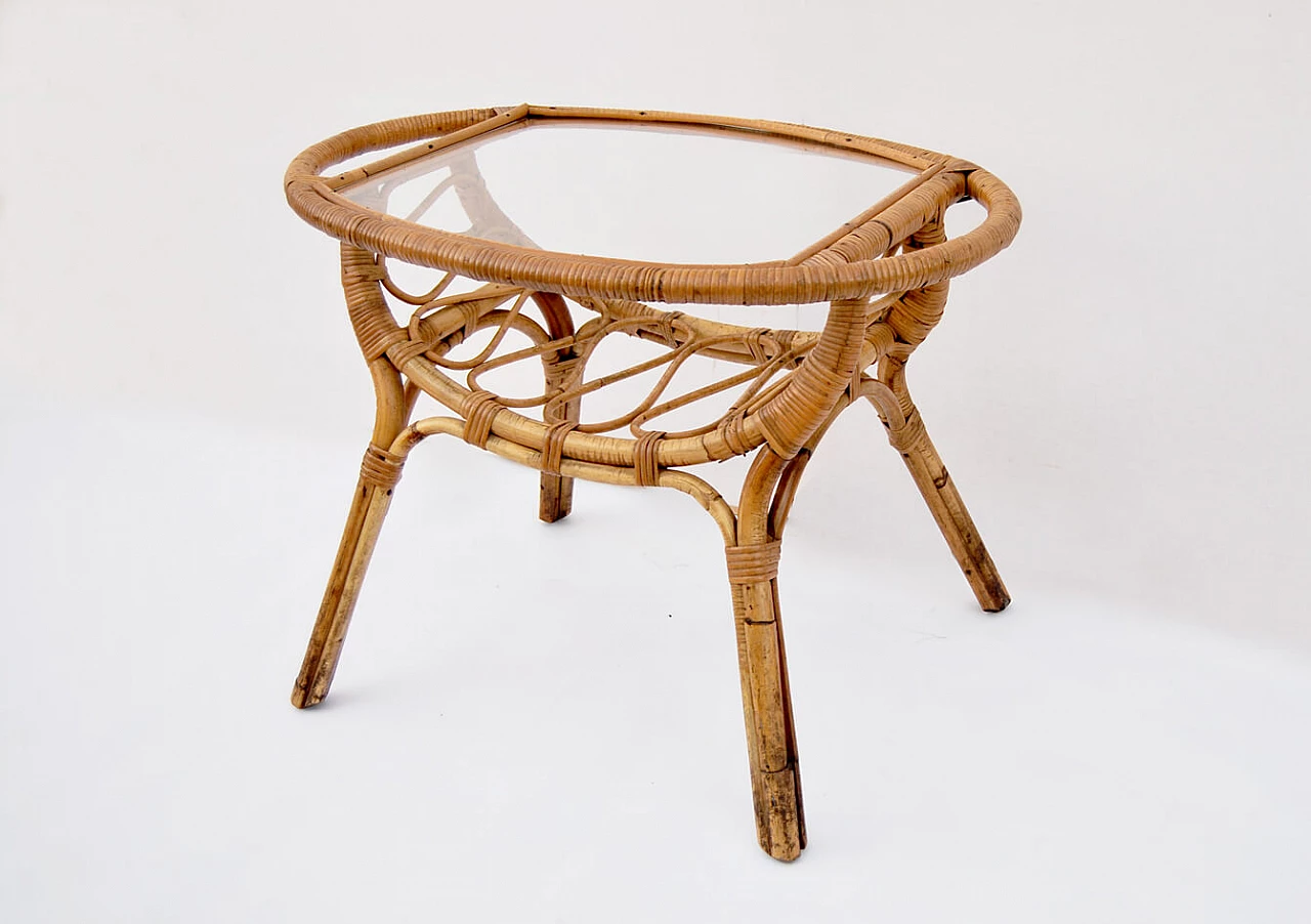 Bamboo and wicker coffee table with glass top, 1960s 2