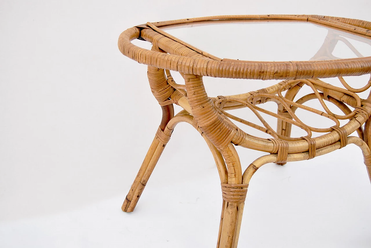 Tavolino in bambù e vimini con piano in vetro, anni '60 3