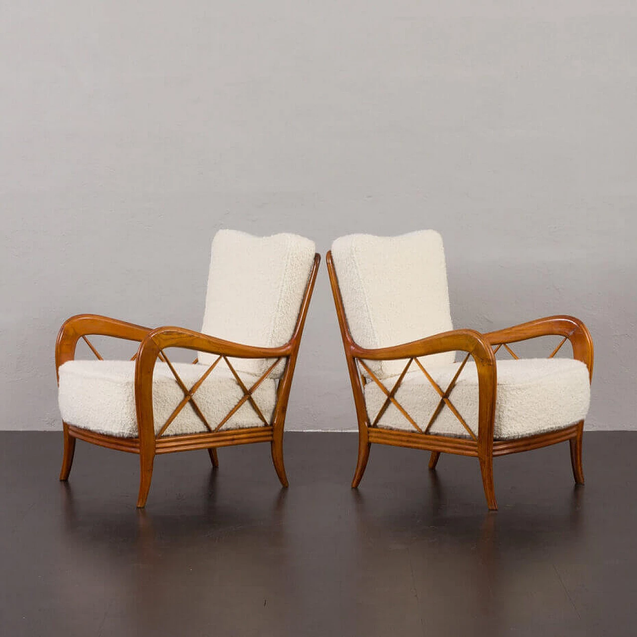 Pair of armchairs in natural boucle fabric and cherry wood by Paolo Buffa, 1950s 2