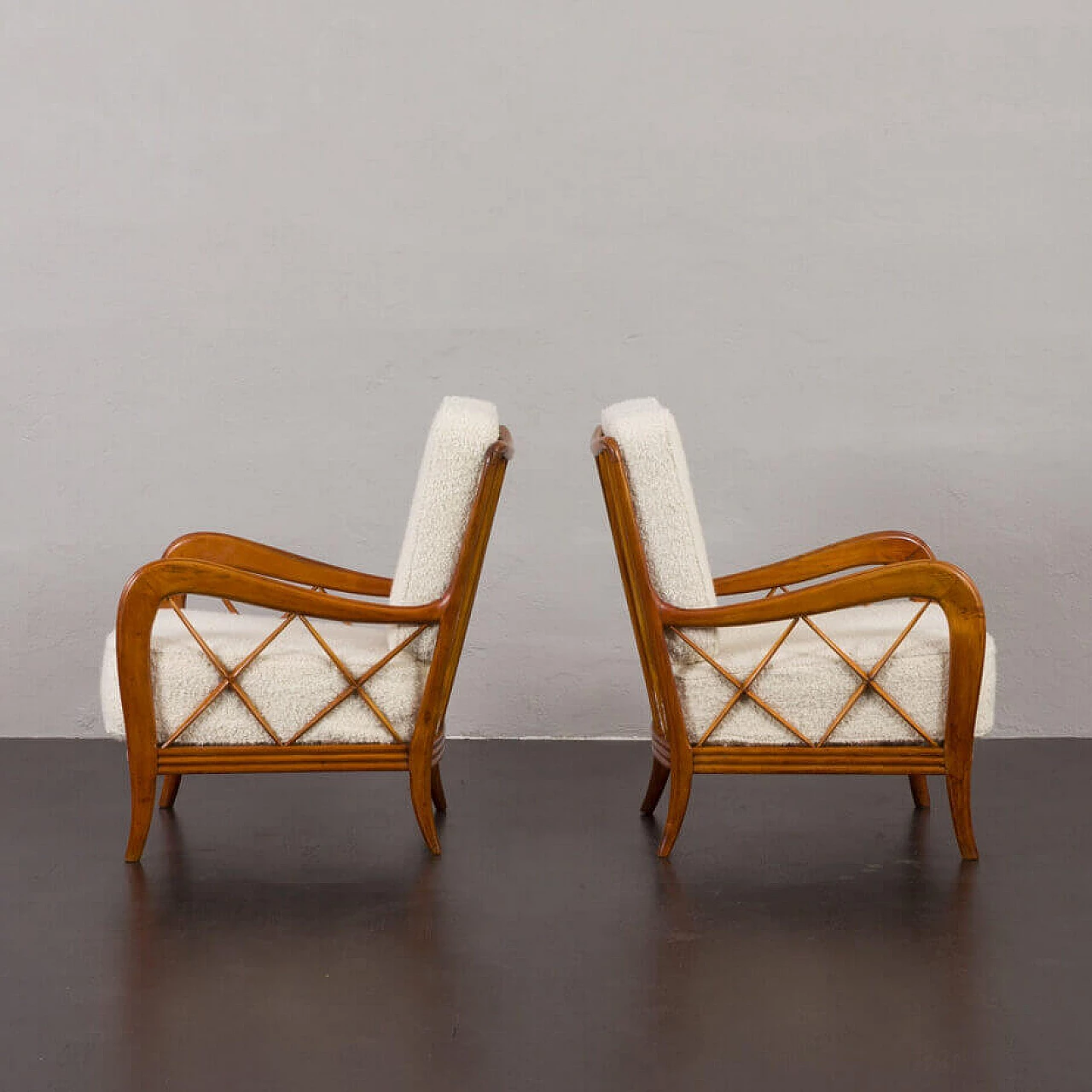 Pair of armchairs in natural boucle fabric and cherry wood by Paolo Buffa, 1950s 3