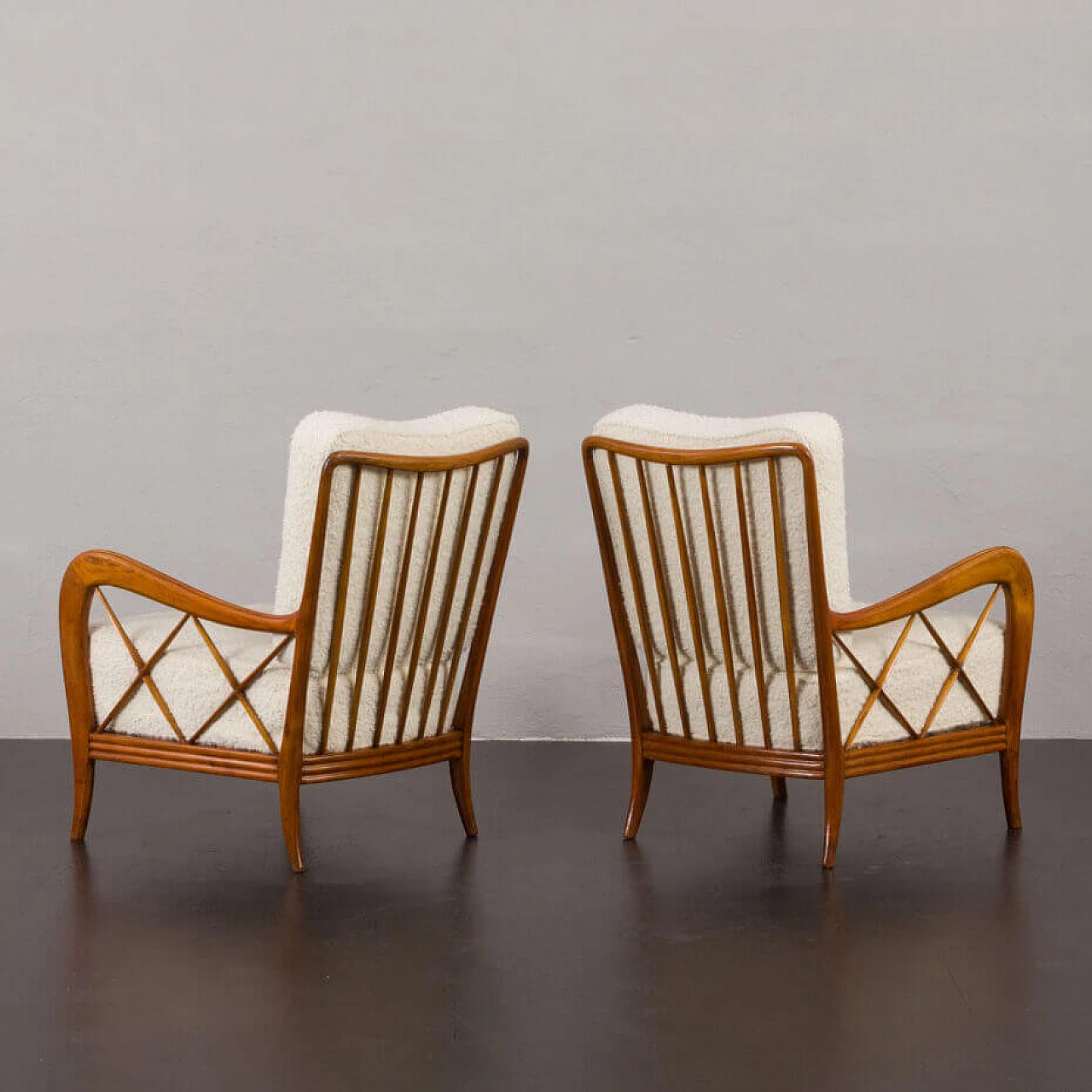 Pair of armchairs in natural boucle fabric and cherry wood by Paolo Buffa, 1950s 5
