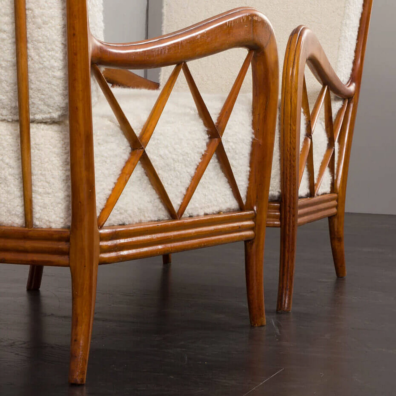 Pair of armchairs in natural boucle fabric and cherry wood by Paolo Buffa, 1950s 10