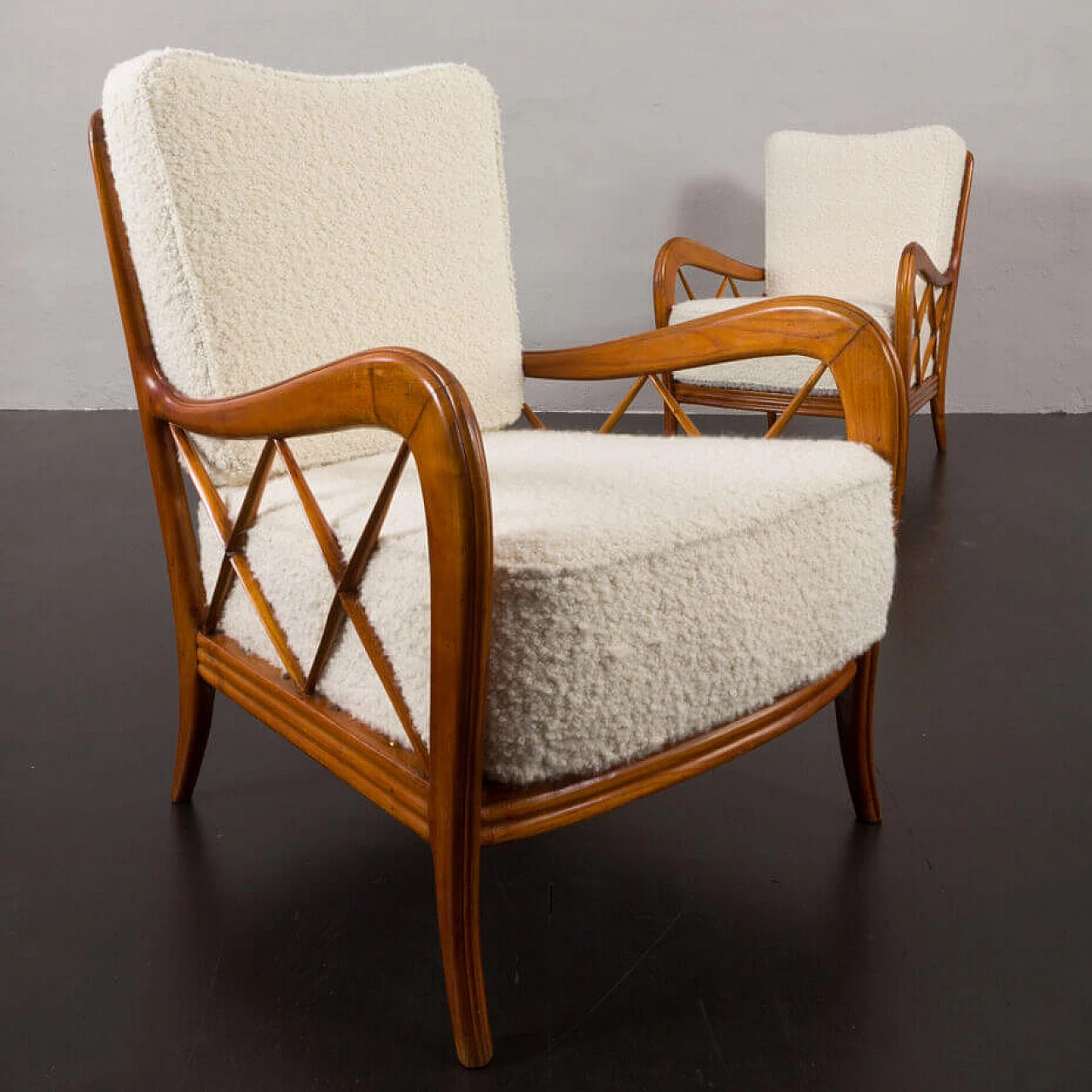 Pair of armchairs in natural boucle fabric and cherry wood by Paolo Buffa, 1950s 16
