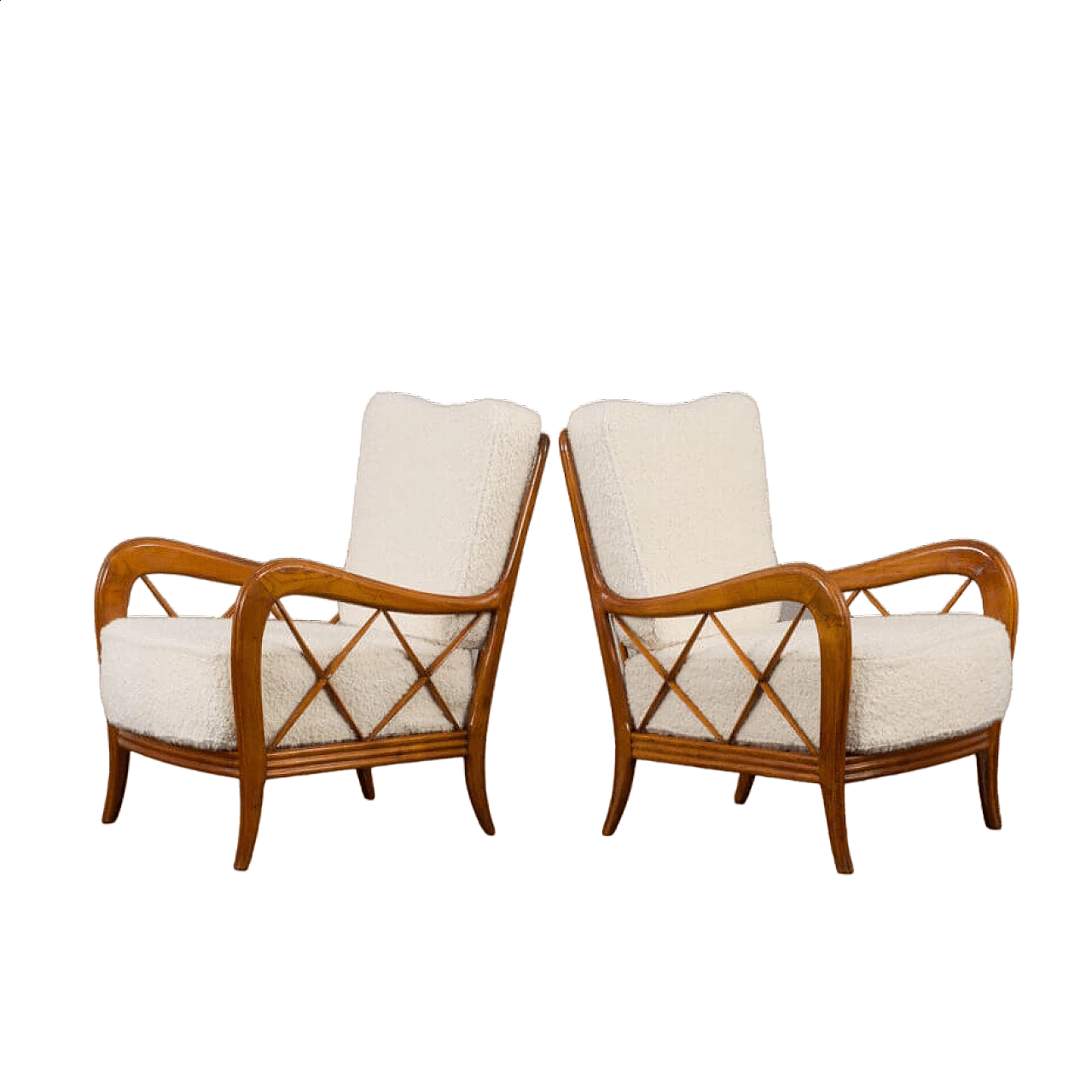 Pair of armchairs in natural boucle fabric and cherry wood by Paolo Buffa, 1950s 18