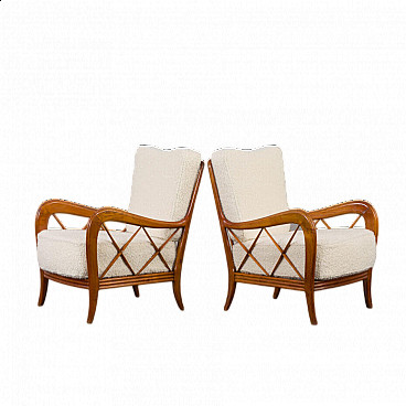 Pair of armchairs in natural boucle fabric and cherry wood by Paolo Buffa, 1950s