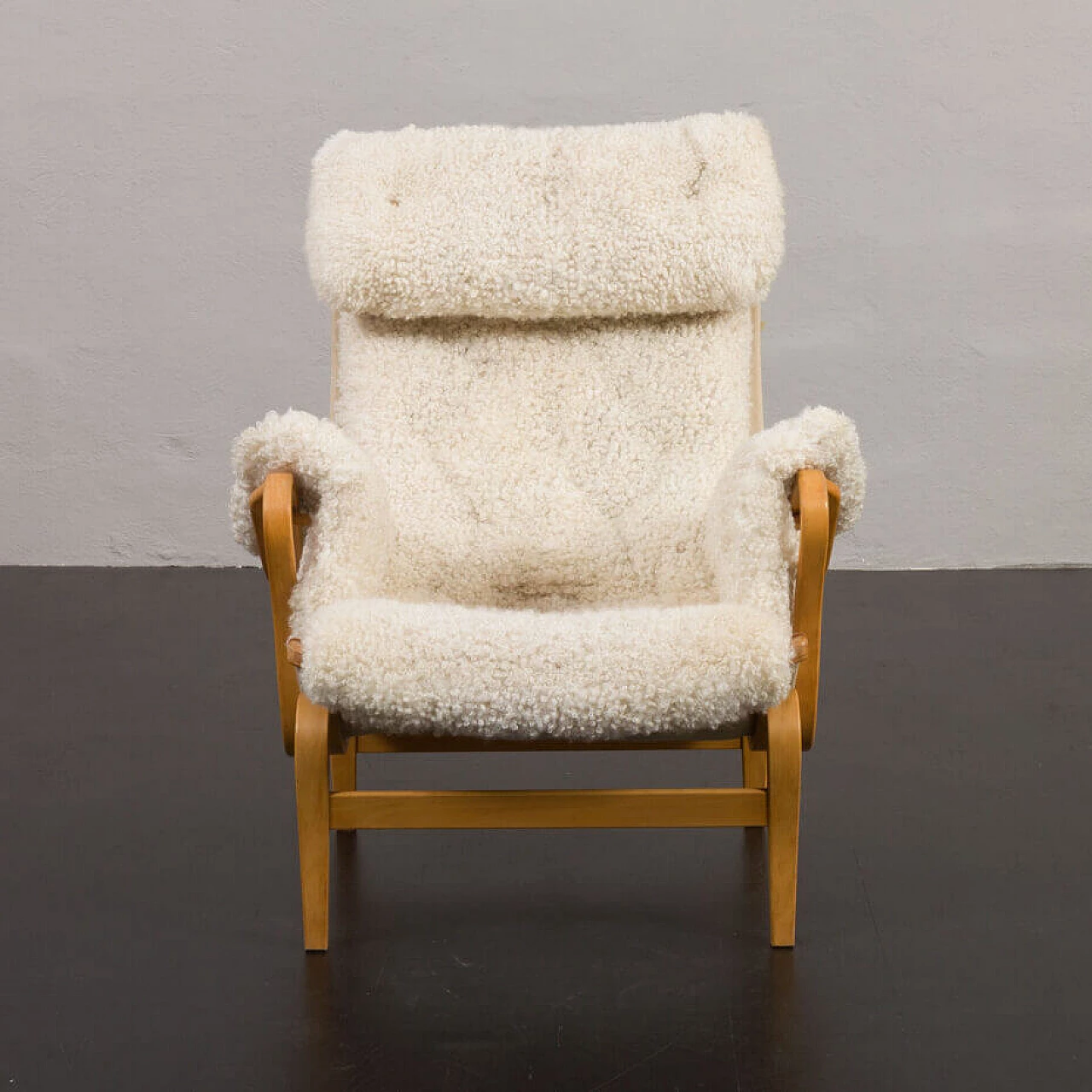 Pernilla armchair in bent beech and natural sheepskin by Bruno Mathsson for Dux, 1960s 1
