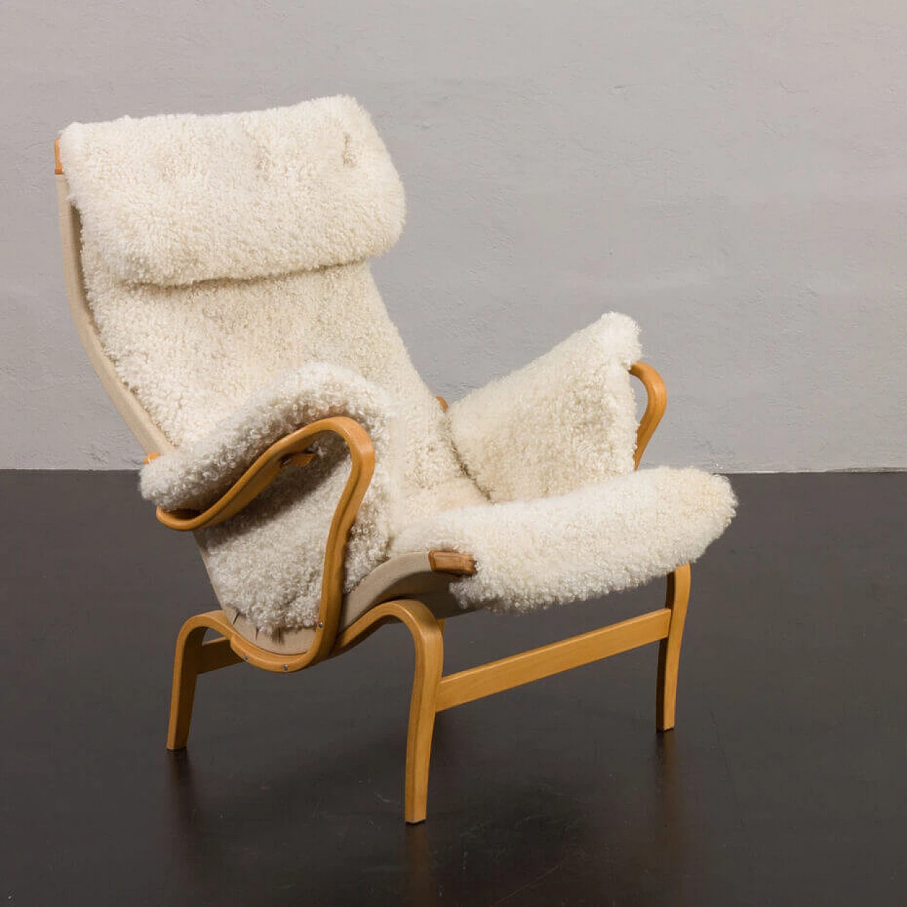 Pernilla armchair in bent beech and natural sheepskin by Bruno Mathsson for Dux, 1960s 3