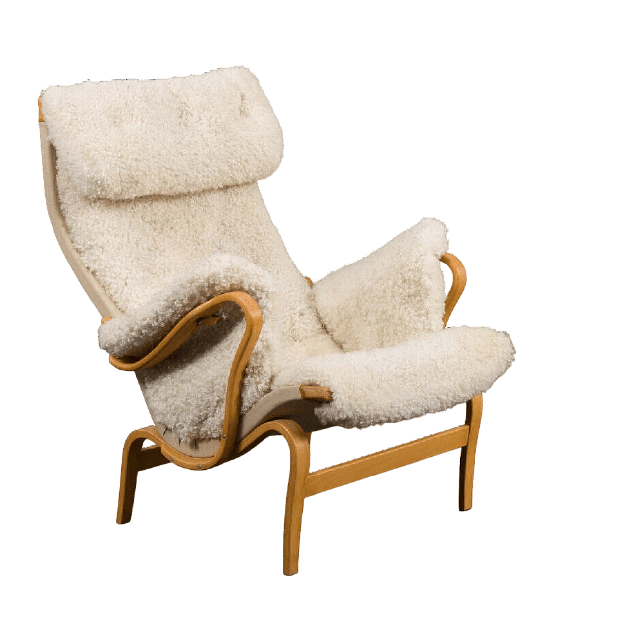 Pernilla armchair in bent beech and natural sheepskin by Bruno Mathsson for Dux, 1960s 18