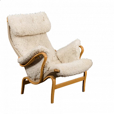 Pernilla armchair in bent beech and natural sheepskin by Bruno Mathsson for Dux, 1960s