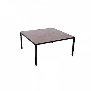 Tavolino quadrato in metallo con piano in noce, anni '60