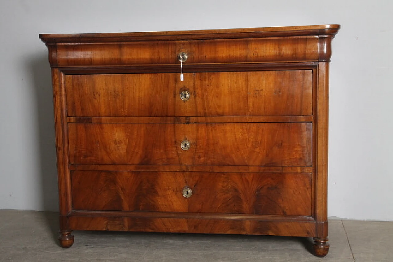 Louis Philippe cappuccino chest of drawers in solid walnut with pinecone feet, 1840 1
