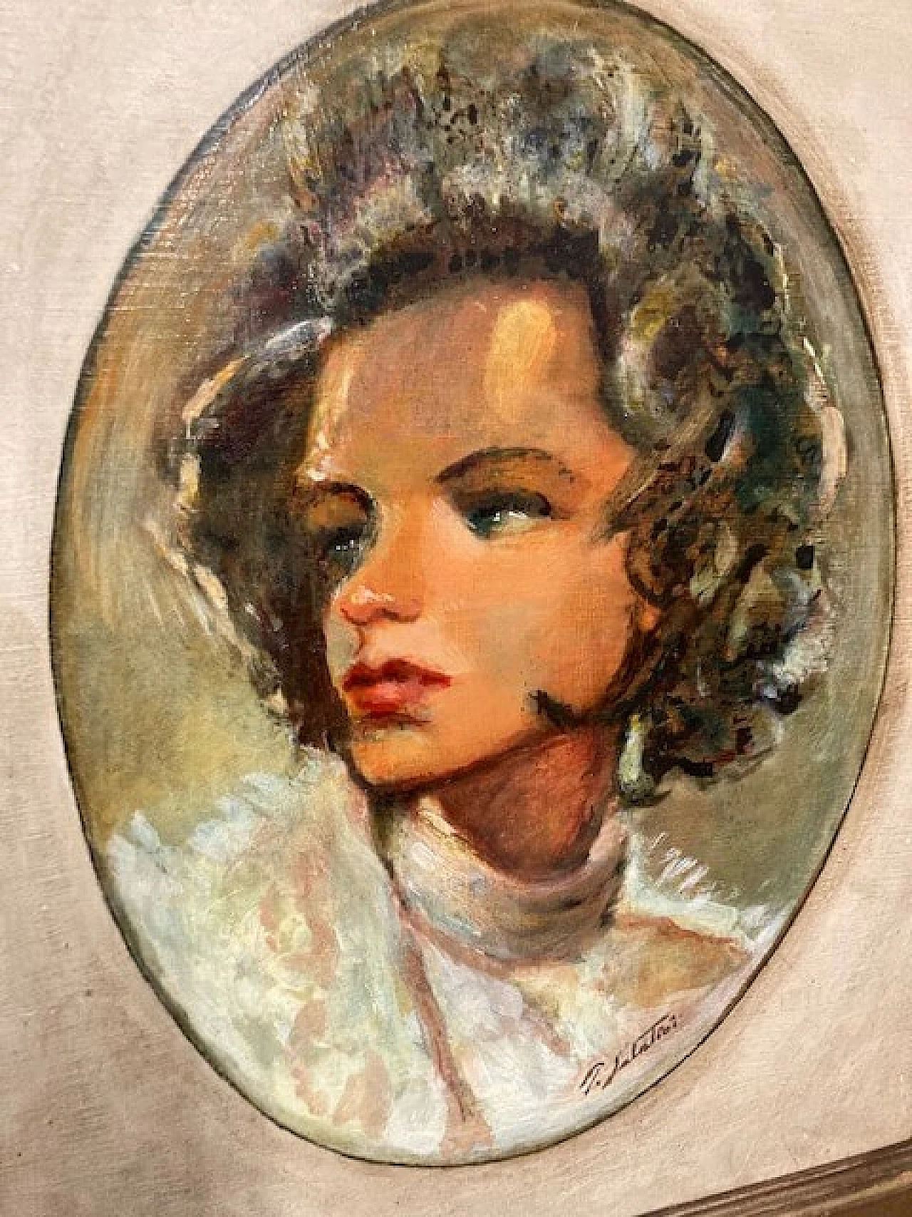 P. Salatini, Woman's Face, oil on cardboard in lacquered frame, 1950s 1