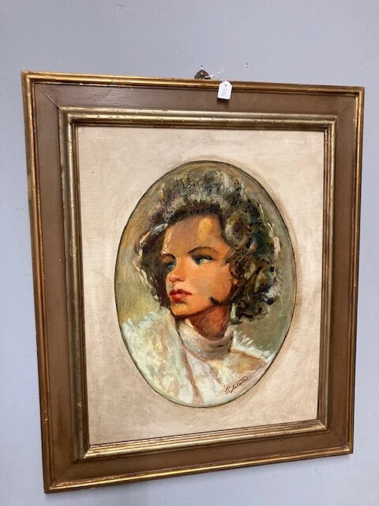P. Salatini, Woman's Face, oil on cardboard in lacquered frame, 1950s 2