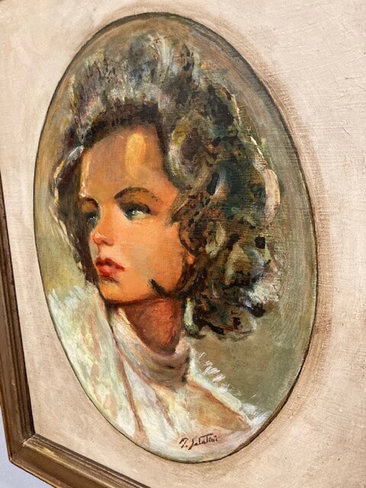 P. Salatini, Woman's Face, oil on cardboard in lacquered frame, 1950s 7