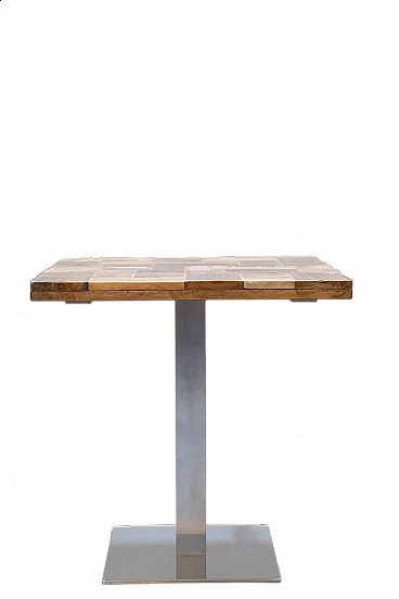 Square aluminum, iron and spruce table, 2000s