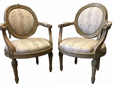 Pair of Piedmontese Louis XVI wood and fabric armchairs, mid-18th century