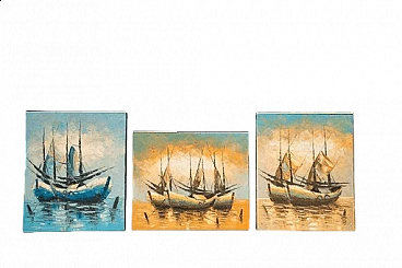 3 Dipinti ad acrilico su tela di barche a vela, anni 2000