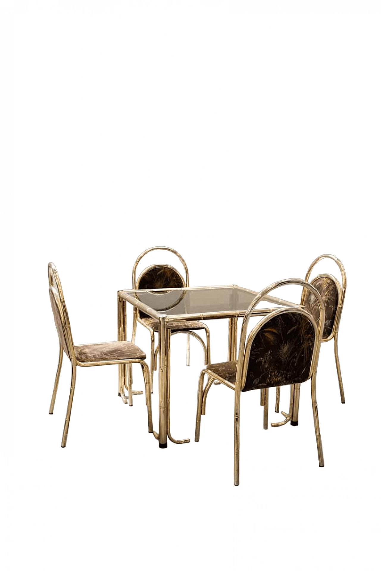 4 Sedie e tavolo in ferro dorato, vetro e tessuto floreale, anni '70 27