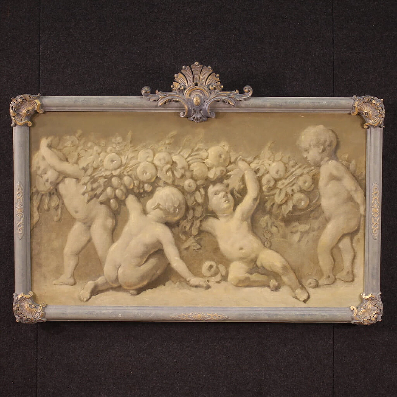 Putti with festoon in grisaille style, oil on canvas, 1920s 1