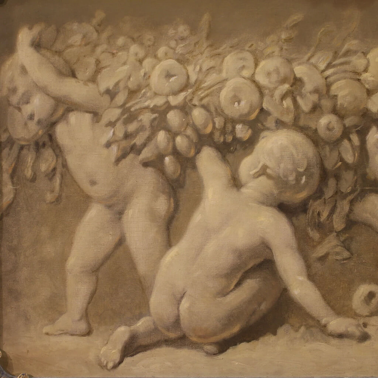 Putti with festoon in grisaille style, oil on canvas, 1920s 3