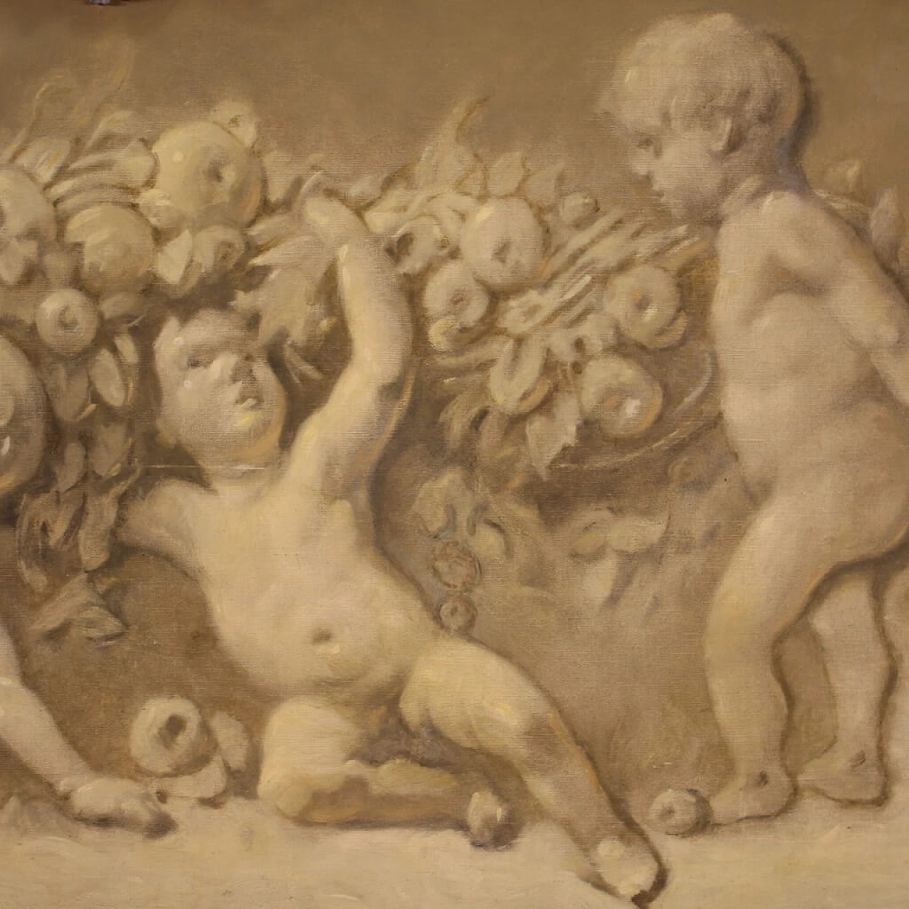 Putti with festoon in grisaille style, oil on canvas, 1920s 4