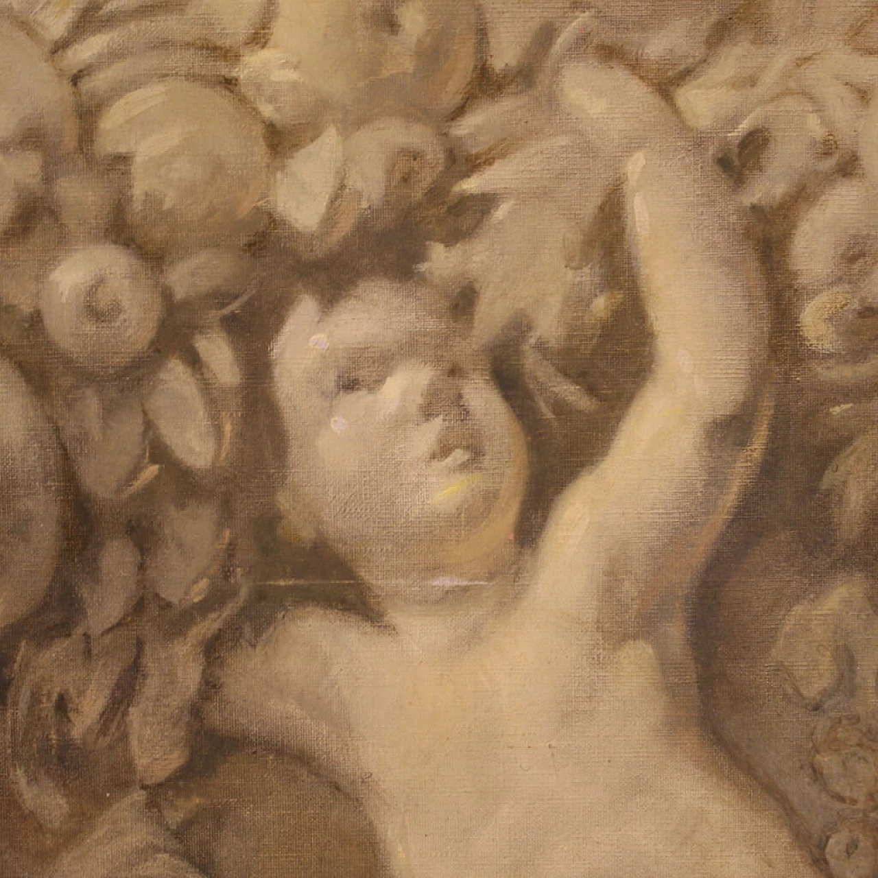 Putti with festoon in grisaille style, oil on canvas, 1920s 5