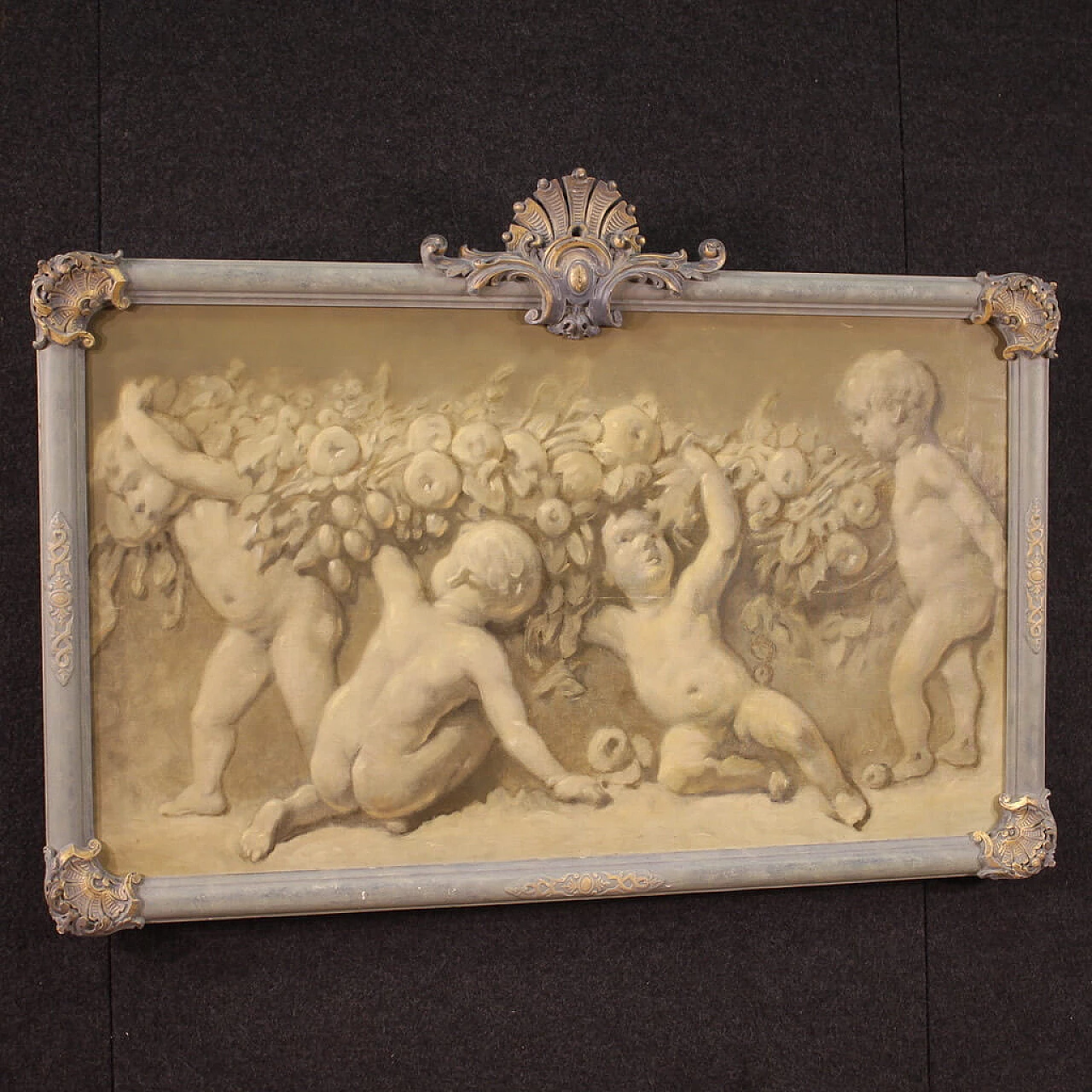 Putti with festoon in grisaille style, oil on canvas, 1920s 9