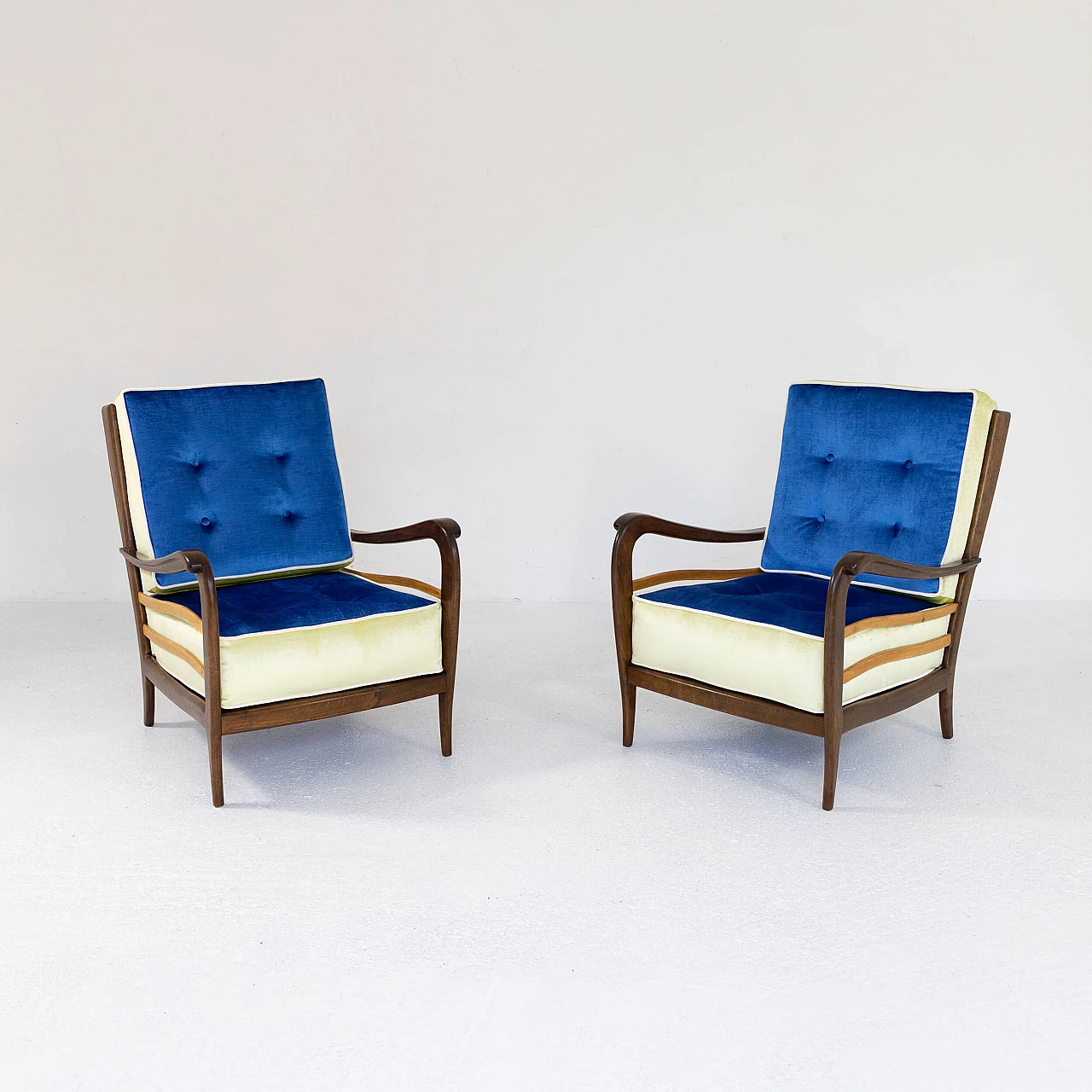 Pair of walnut and velvet armchairs, 1950s 2