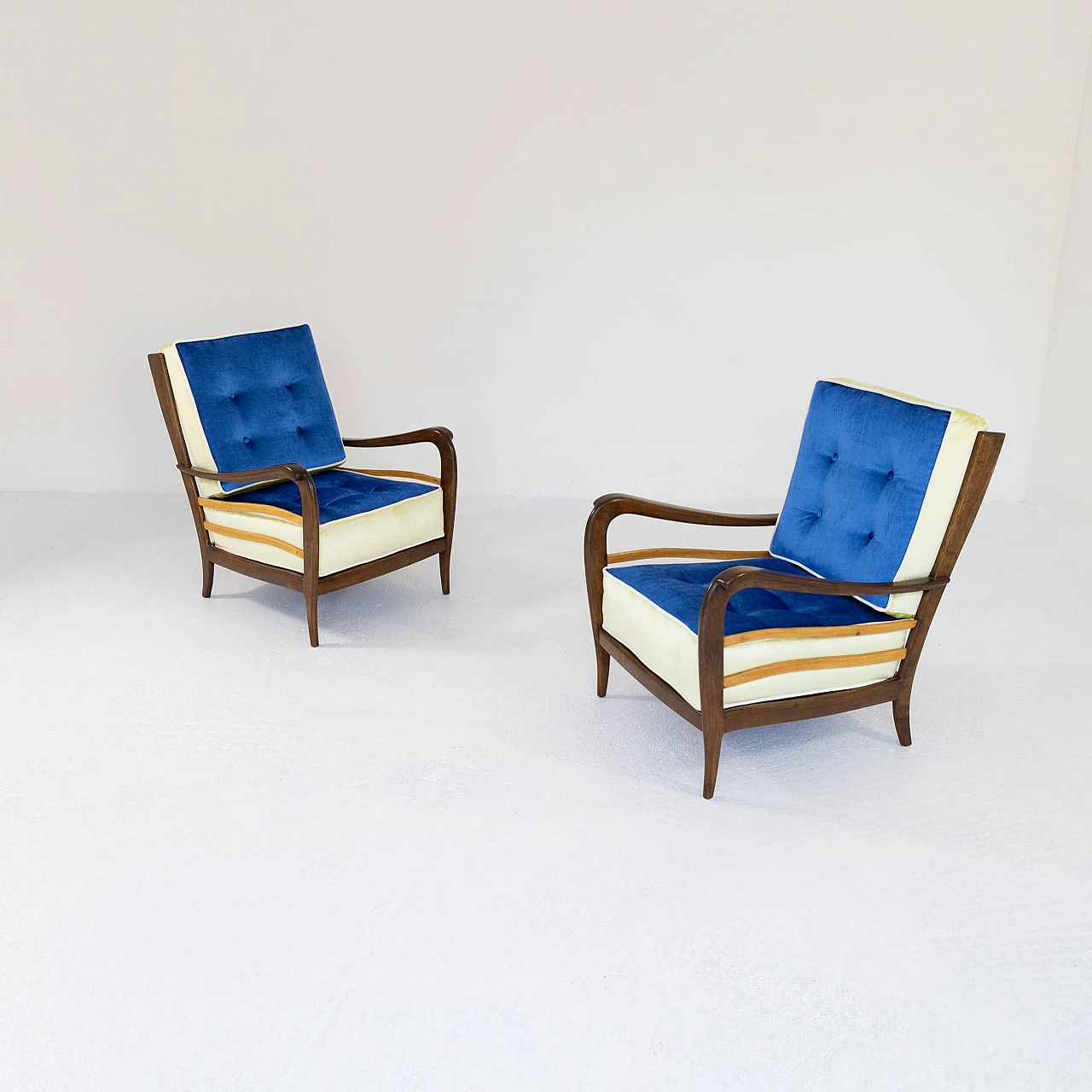 Pair of walnut and velvet armchairs, 1950s 3
