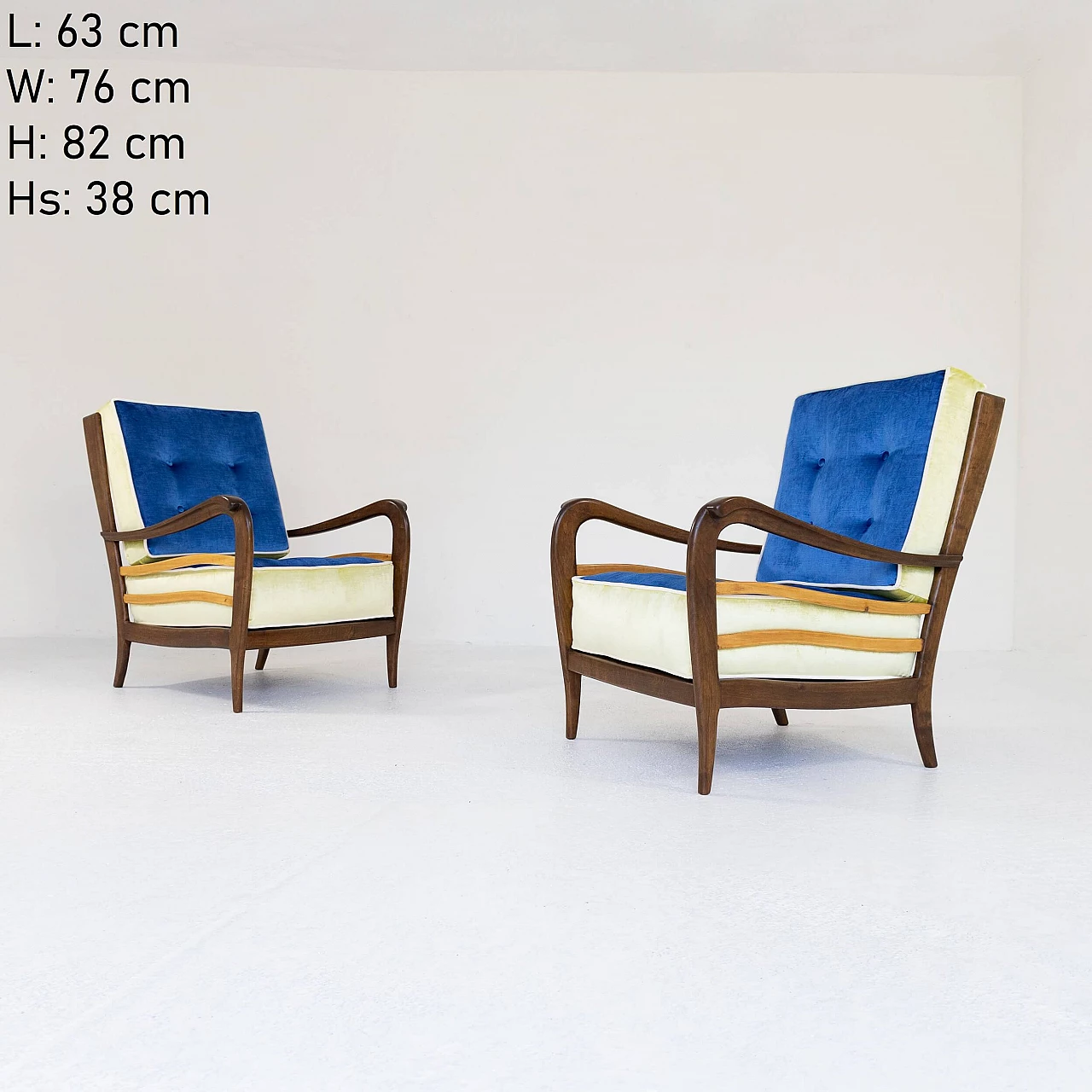 Pair of walnut and velvet armchairs, 1950s 4