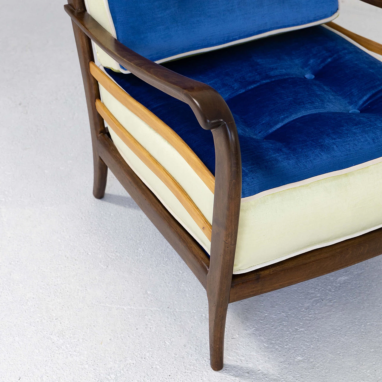 Pair of walnut and velvet armchairs, 1950s 5