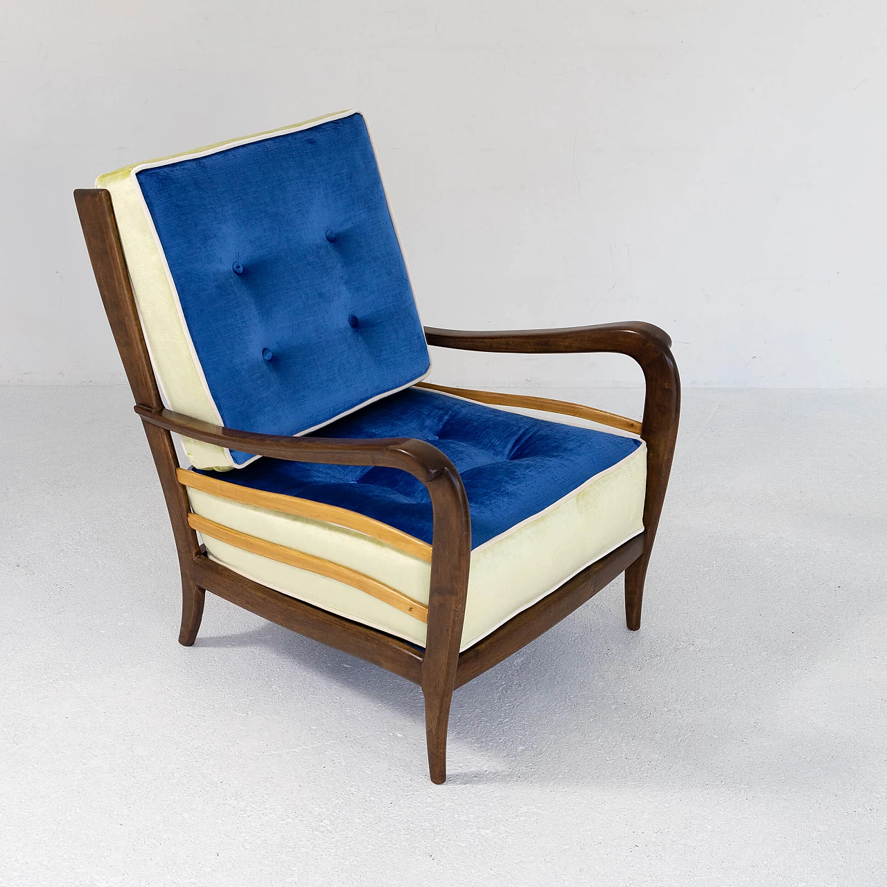 Pair of walnut and velvet armchairs, 1950s 6