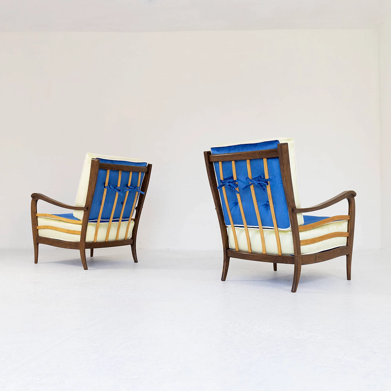 Pair of walnut and velvet armchairs, 1950s 7