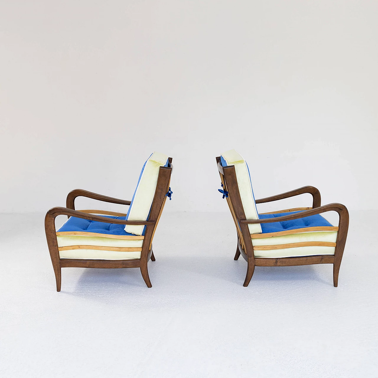 Pair of walnut and velvet armchairs, 1950s 8