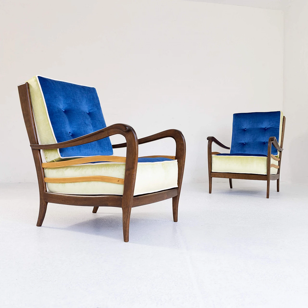 Pair of walnut and velvet armchairs, 1950s 9