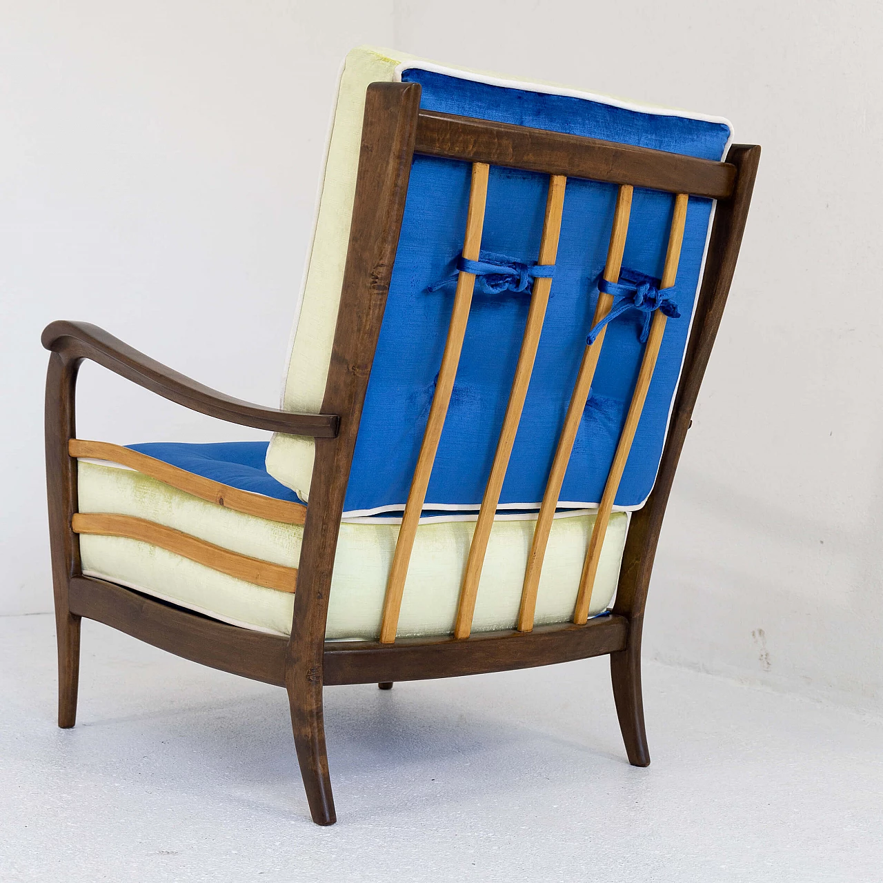 Pair of walnut and velvet armchairs, 1950s 11