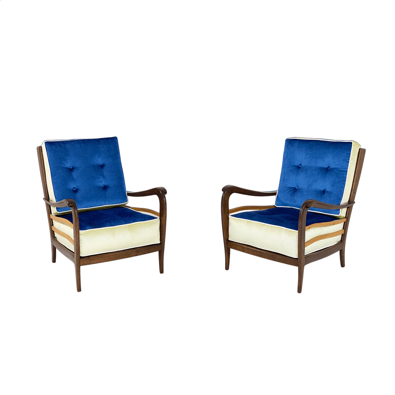 Pair of walnut and velvet armchairs, 1950s 13