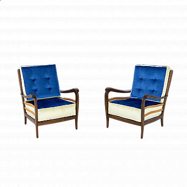 Pair of walnut and velvet armchairs, 1950s