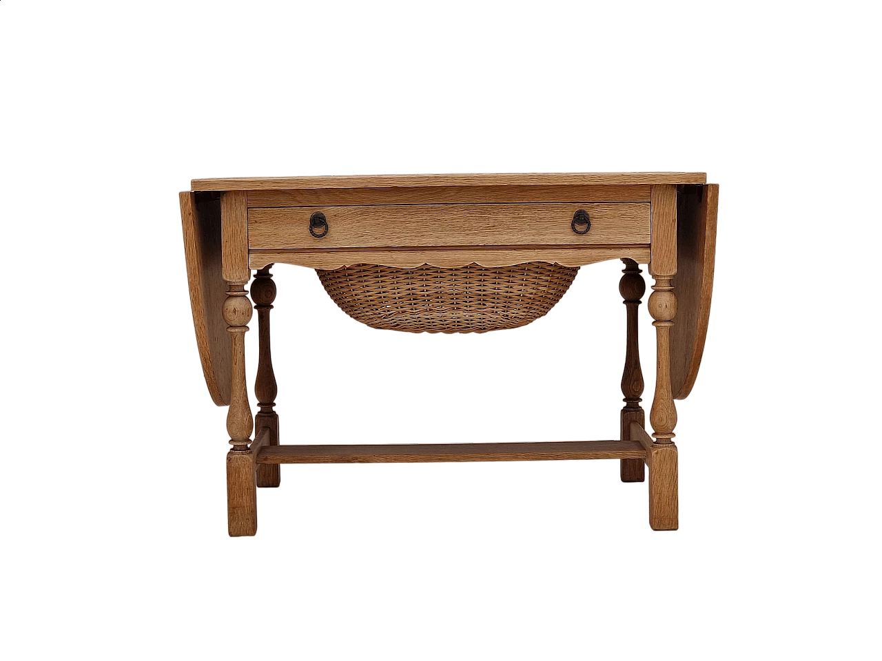 Danish oak and rattan folding sewing table, 1970s 15