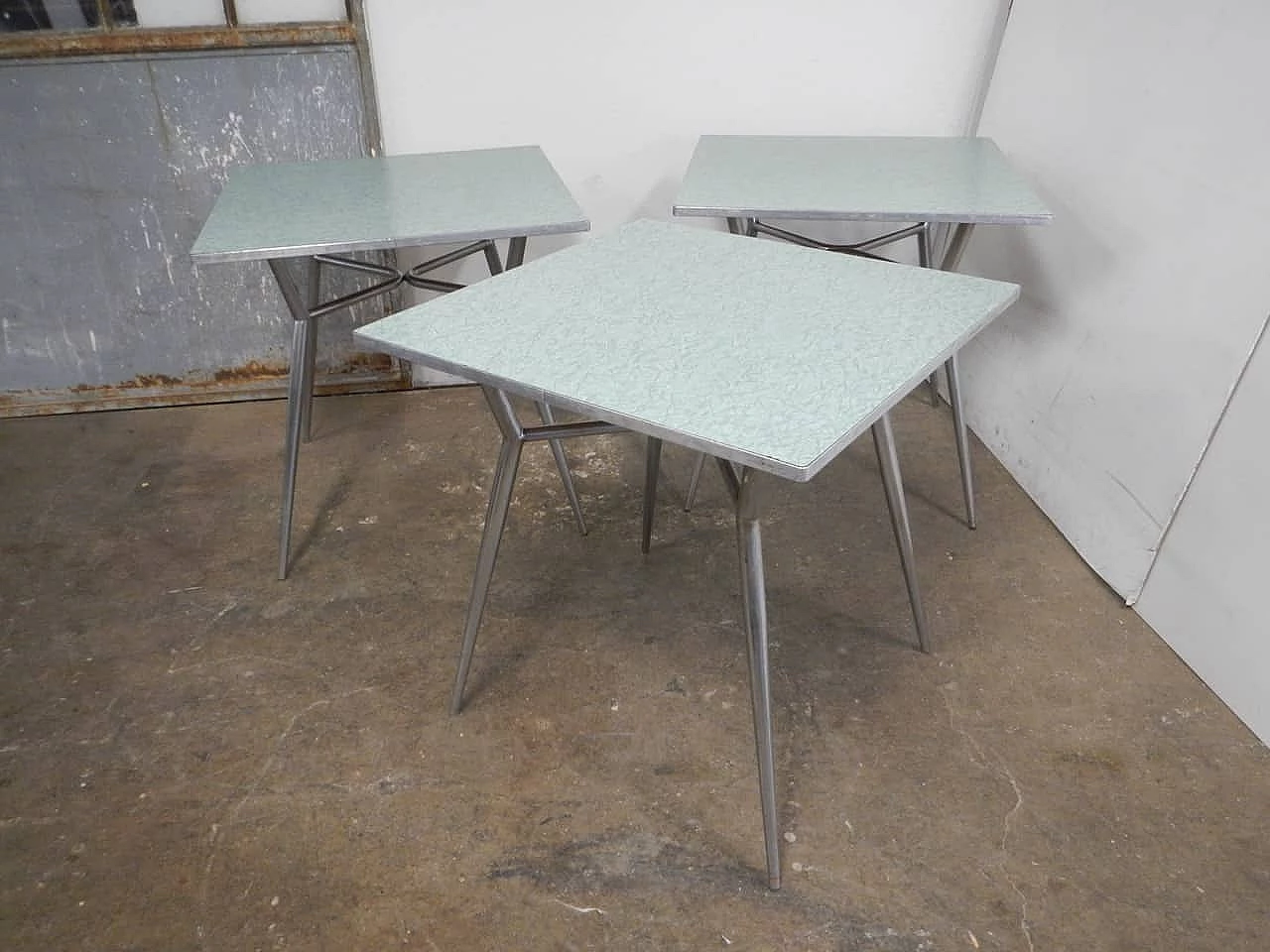 Square green formica and metal coffee table, 1950s 1